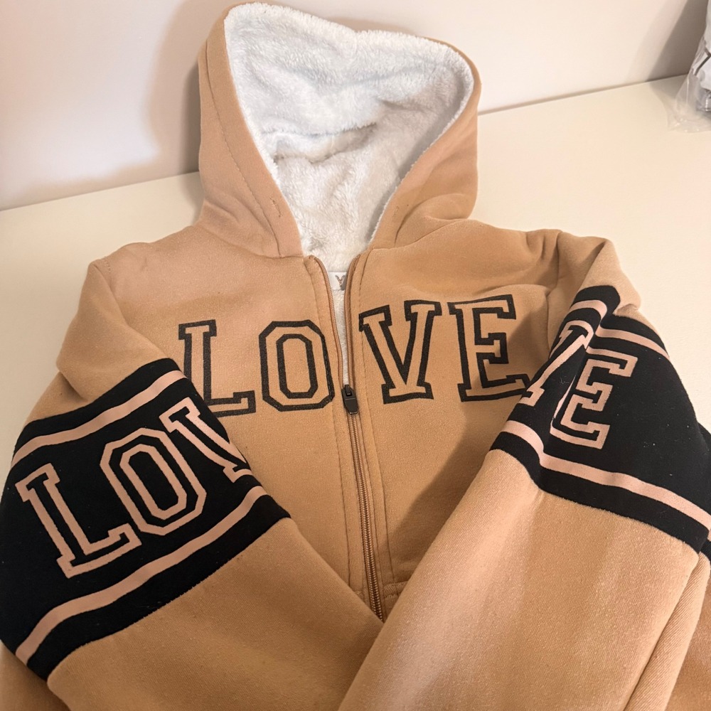 Yuna Women Tan Sherpa Lined Full Zip Love Graphic Hoodie Sweatshirt Large